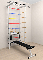 Шведская стенка Sv Pro 805 (Турник Pro/Брусья/стойка/Скамья/Канат/Кольца/Лестница) ( Белый) ( Разноцветные перекладины)
